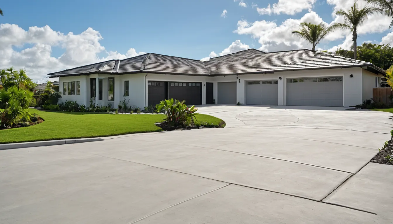 A newly poured concrete driveway in front of a single-story home in Winter Park